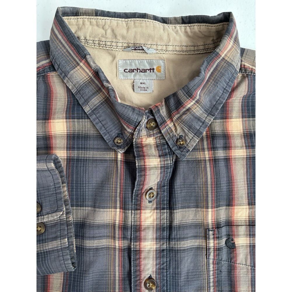 Carhartt Men's 2XL Relaxed Fit Blue Red Tan Plaid Thick‎ Long Sleeve Button Down